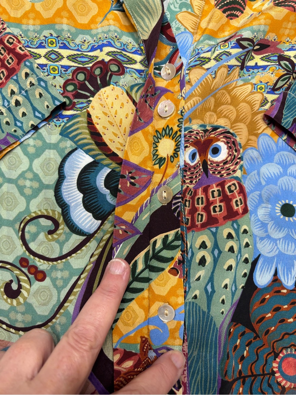 Johnny Was Vibrant Silk Patchwork & Owl Print Blouse - Picture 5 of 15